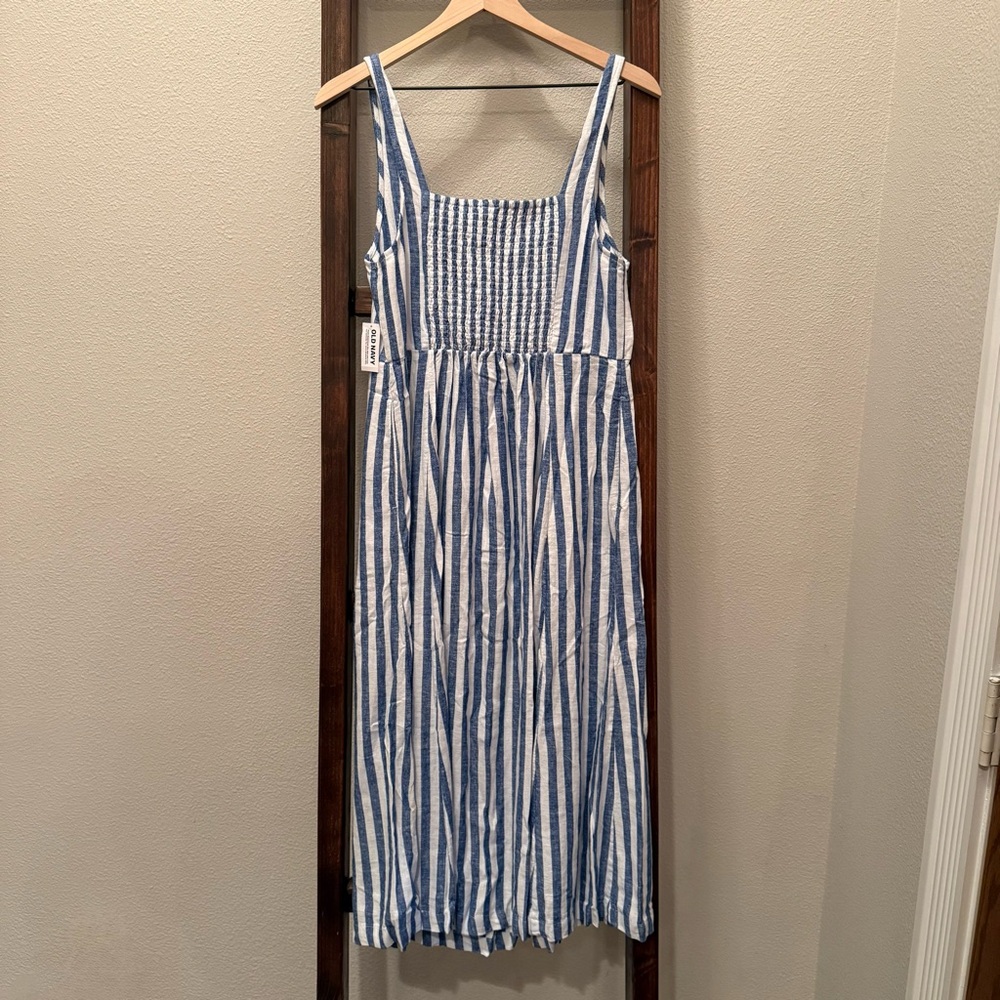 NWT Old Navy Fit & Flare Linen-Blend Midi Dress – Blue Stripe - Picture 6 of 15